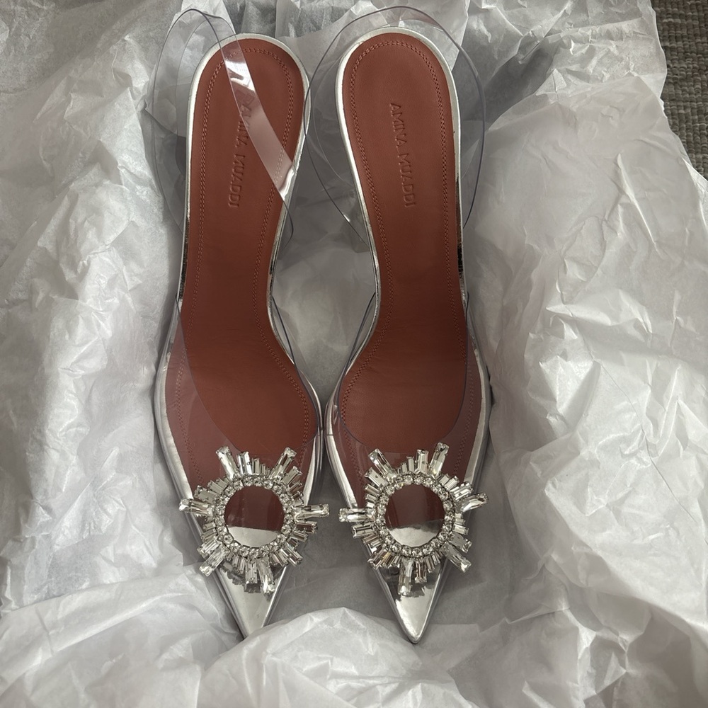 Amina Muaddi Silver Embellished Heels